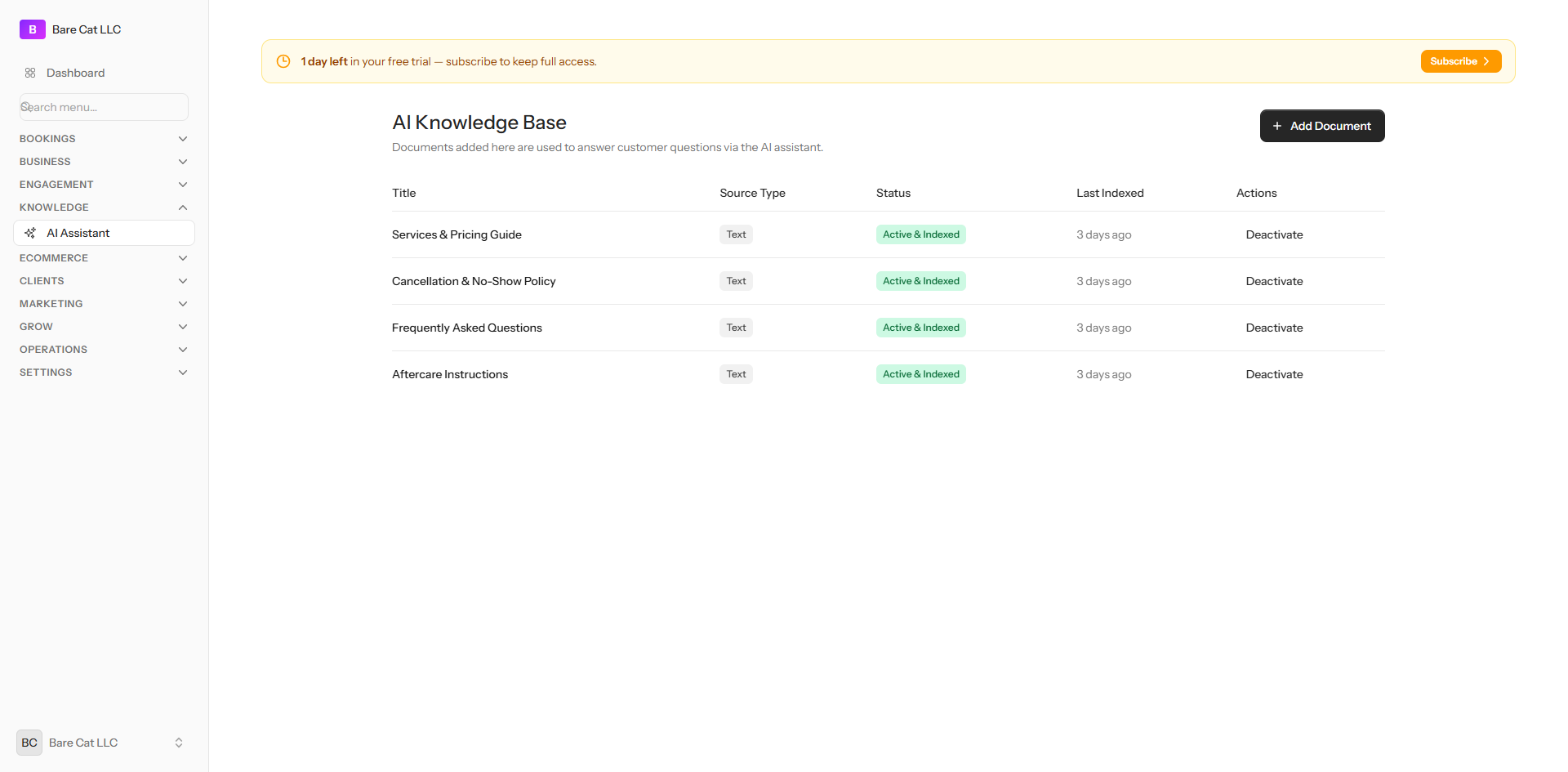 The AI knowledge base listing indexed documents that train the assistant