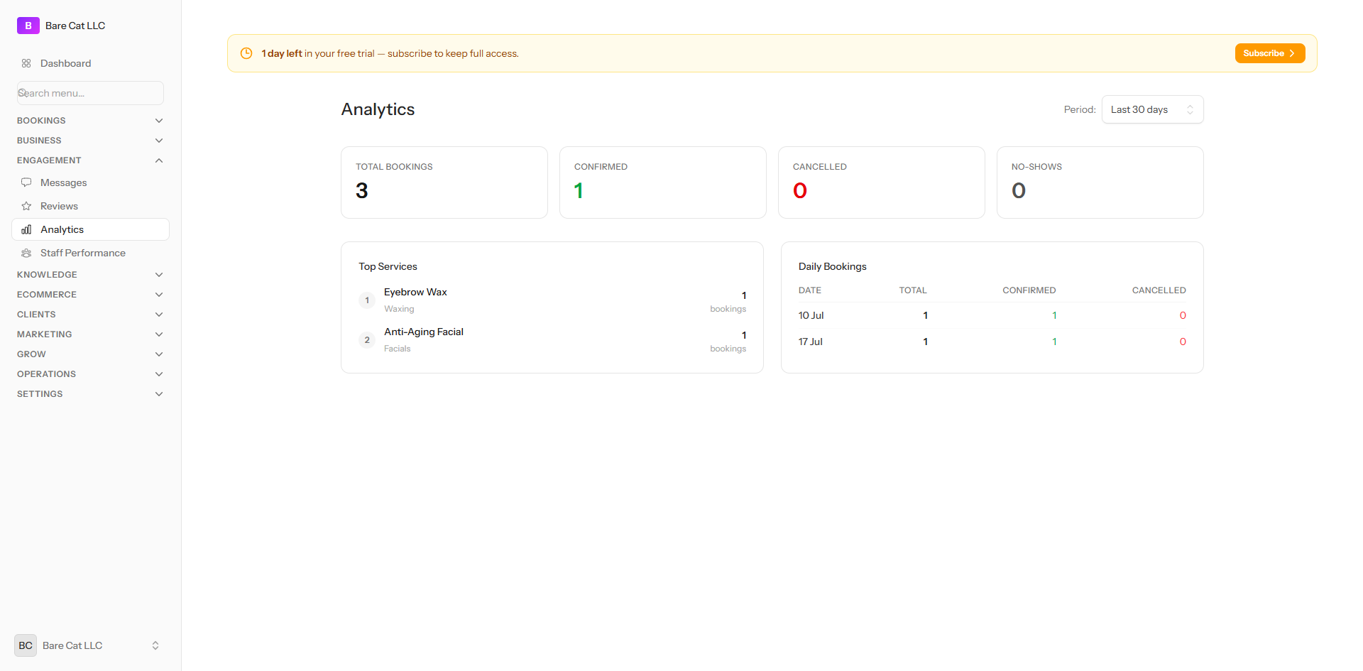 The analytics dashboard showing booking totals, top services, and daily trends