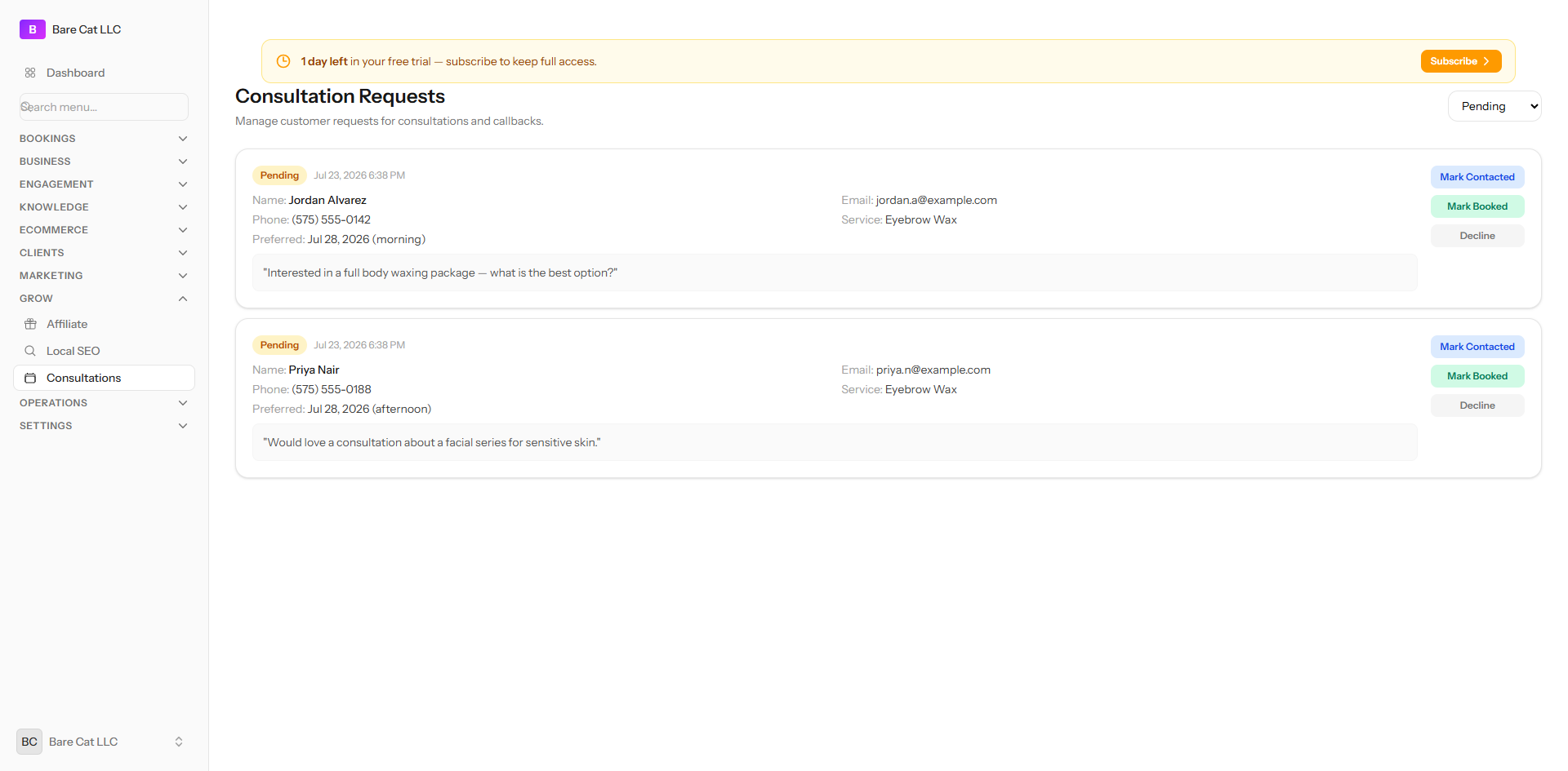 The consultation requests screen showing pending enquiries with contact details and actions