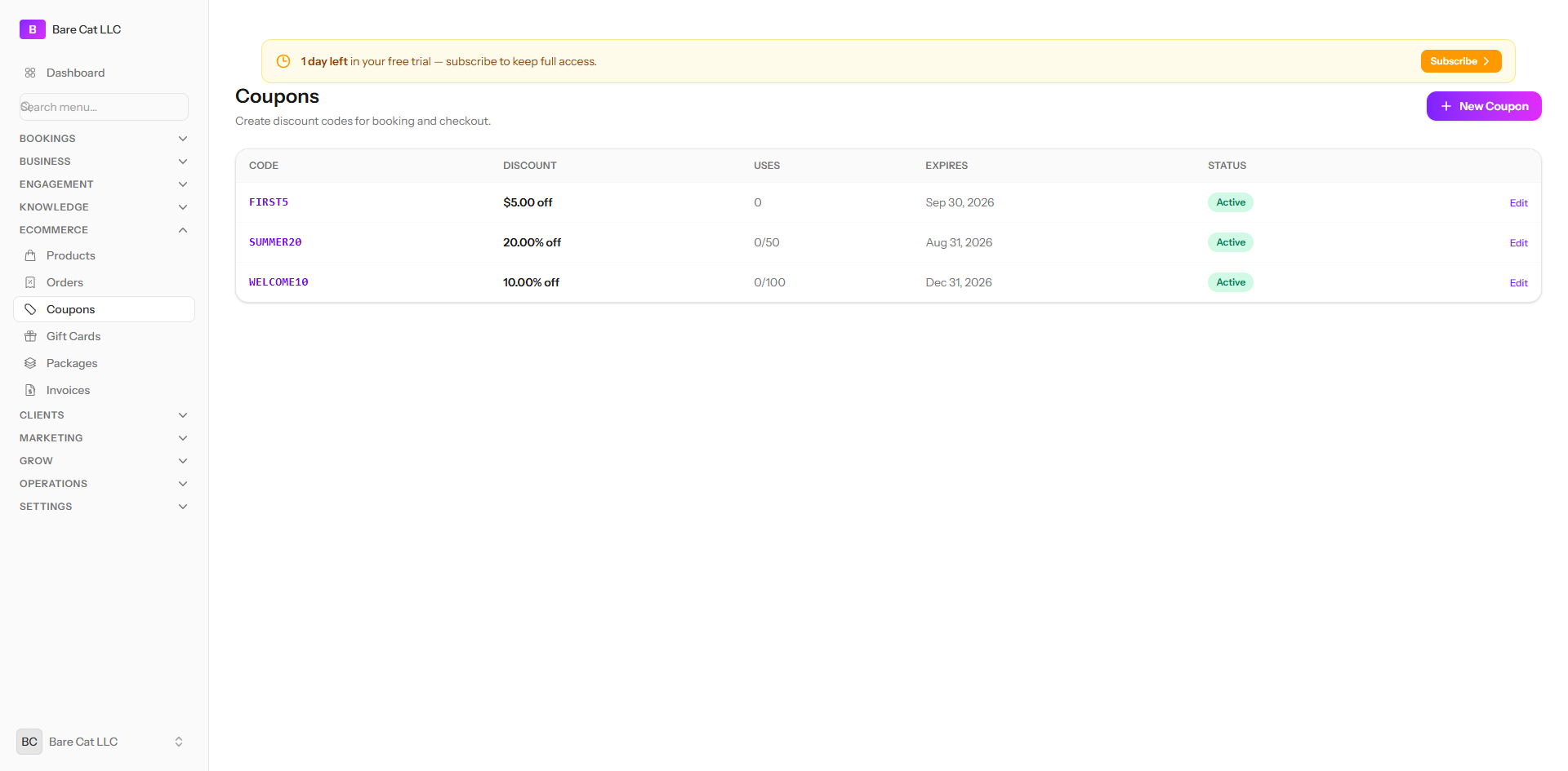 The coupons screen listing active discount codes with usage limits and expiry dates