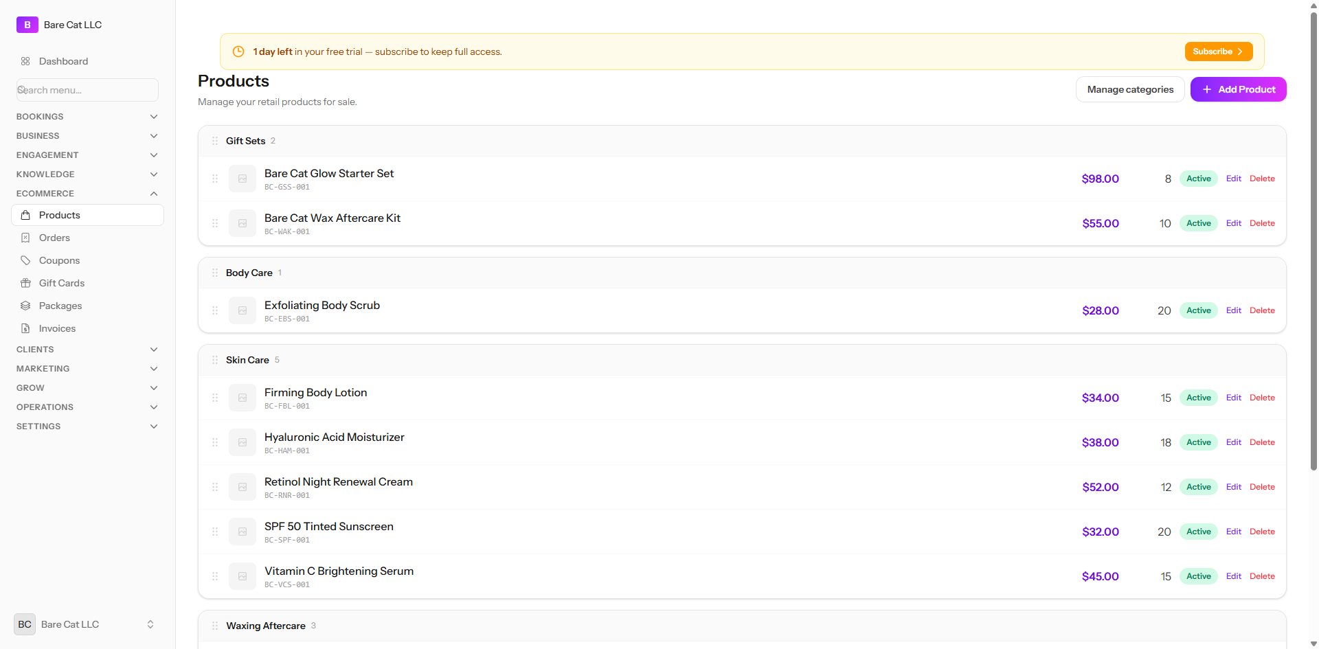 The products screen showing retail products grouped into categories with prices and stock
