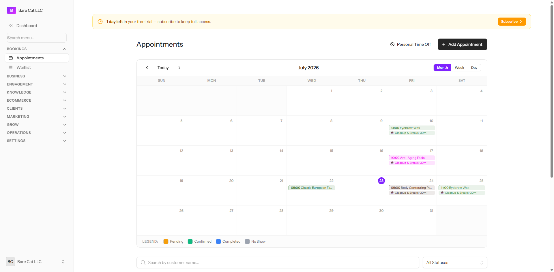 The appointments calendar showing bookings across the month
