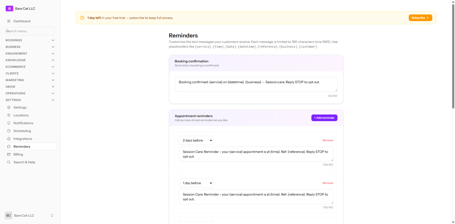 The reminders editor with booking confirmation and timed reminder templates