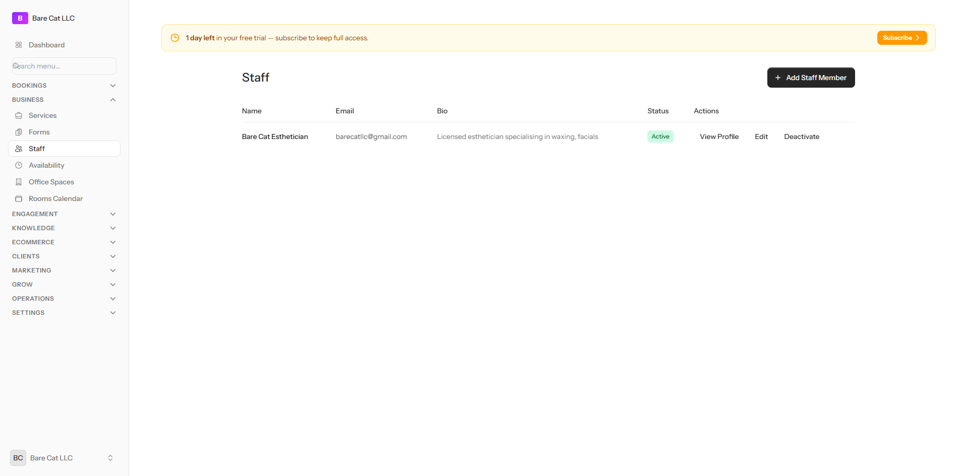 The staff management screen listing team members